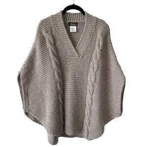 Iperico V-Neck Cable-Knit Pullover Casual Outdoor Poncho Sweater Tan Medium